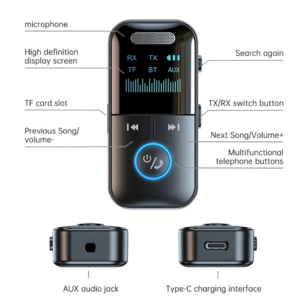 Bluetooth Adapter Bluetooth 5.4 Adapter Transmitter Receiver Wireless Audio Car Music Headphone Speaker PC TV 200mA Battery Support TF Card