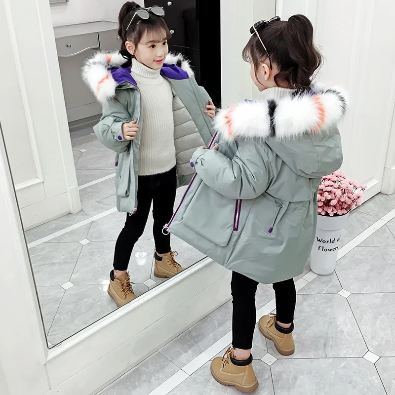 

fashion Children Winter Clothes 2023 Girl Jacket Warm Fur Collar Hooded long down cotton Coats For Kids Outerwear parka clothing