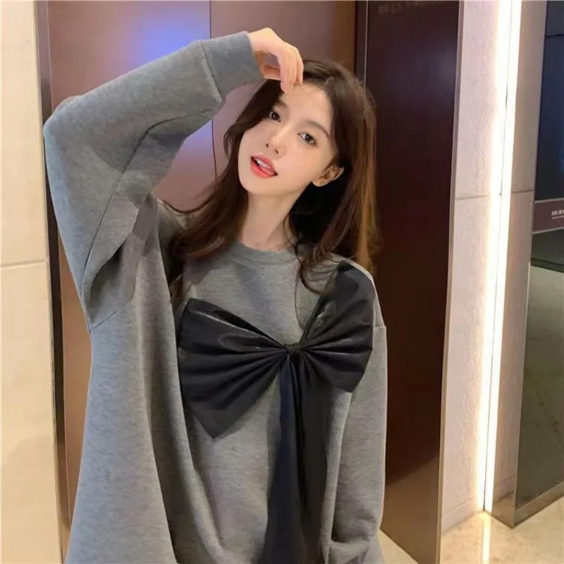 New Velvet Bowknot Sweater Autumn and Winter Women's Round Neck Pullover Loose Solid Color Fashion Blouse Korean Version Y2k