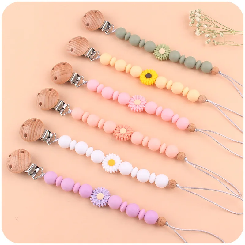 Handmade Silicone Flower Beads Baby Pacifier Chain Beech Wood Teether Nipple Clip For Baby Teething Nursing Chew Toy Shower Gift 3