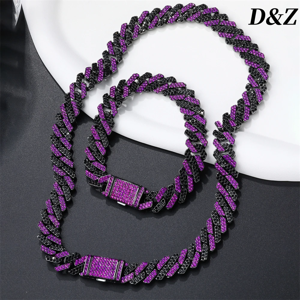 【BLACKPURPLE】Heart Crystal Cuban Chain Bracelet Man Hip Pop Purple Rhombus Prong Cuban Link Chain Necklace