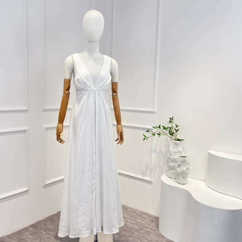 

2023 New Arrivals Spring Summer Deep V-neck Lace-up Sleeveless Sexy Woman White Vintage Linen Ramie Midi Dress