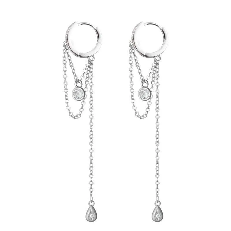 Hoop Earrings Elegant Temperament Silver Color Long Tassel Water Drop Shape Cubic Zirconia For Women Jewelry Gift