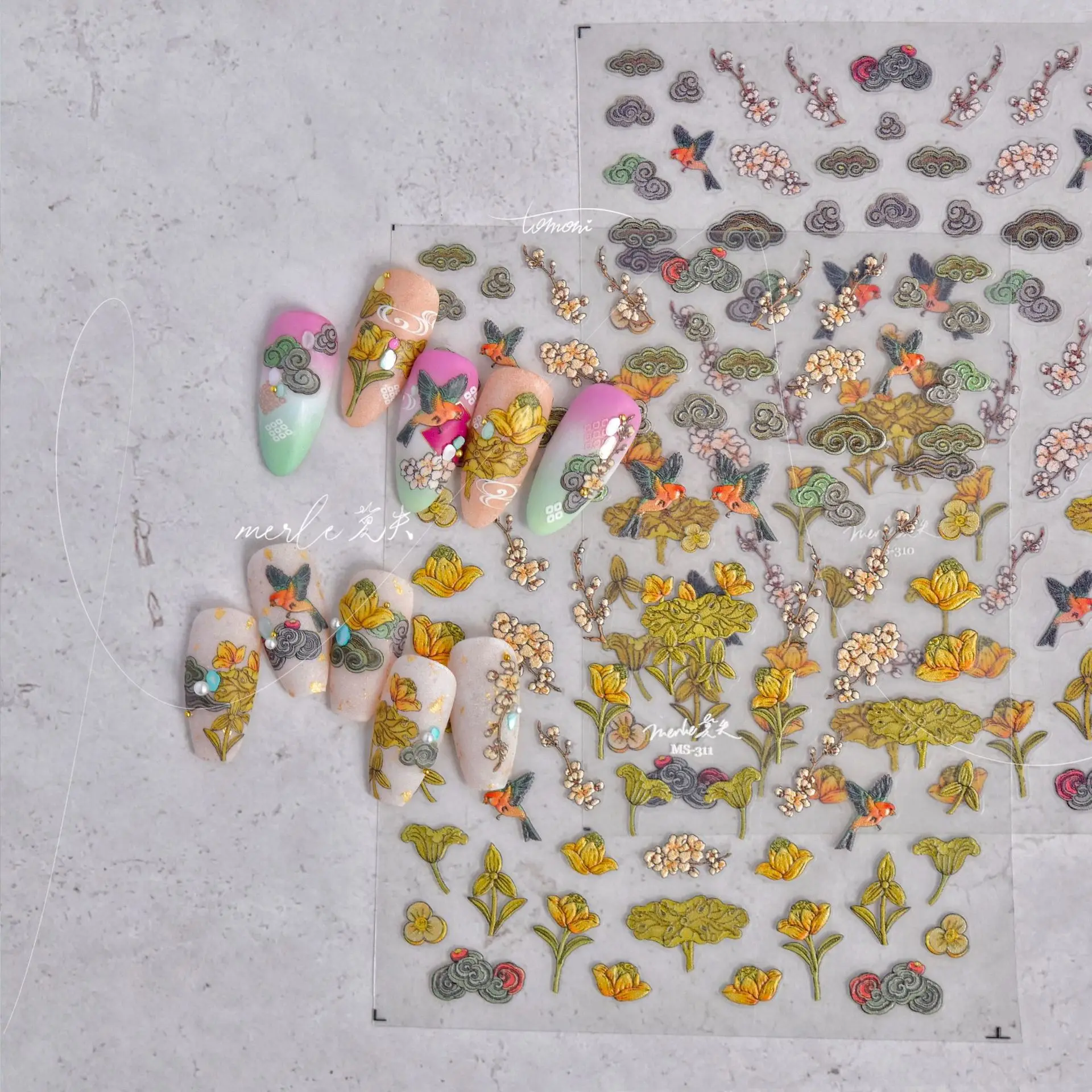 

World Famous Paintings Lotus Clouds Facial Features High Quality Adhesive Nail Stickers Art Decorations Decals Design MS-311