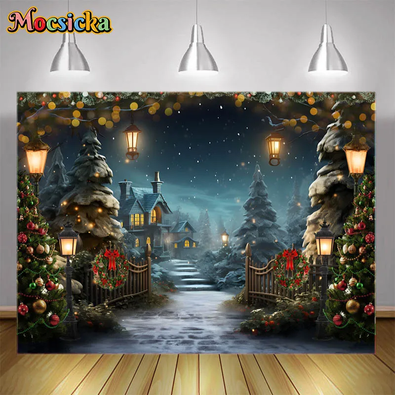 

Winter Christmas Photography Backdrops Snowy Night Houses Street Lights Xmas Tree Decor Backgrounds Kids Family Photo Studio