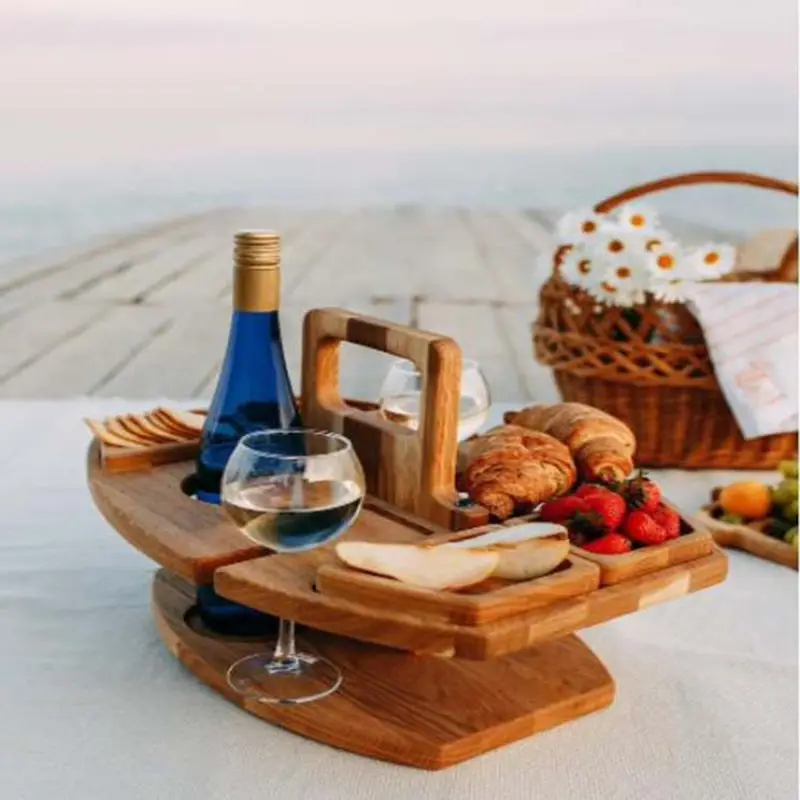 

Outdoor Tables Wooden Folding Picnic Table With Glass Holder Round Foldable Desk Wine Glass Rack Collapsible Table Snack Tray