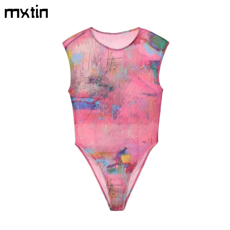 

Women Spring Fashion Sexy Print Trims Skinny Bodysuits Vintage Slim O-Neck Sleeveless Female Playsuits Casual Tops Vestidos