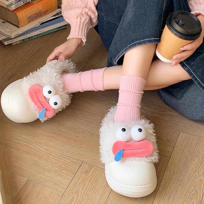 Funny Cartoon Plush Cotton Slippers Women Cute Indoor Keep Warm Non Slip Home Slippers Woman Thick Sole Closed Toe Fur Slides