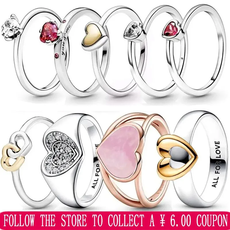 2023 New Women's 925 Sterling Silver Sparkling Heart Ring, Red Tilted Heart Single Stone Ring Fashion DIY Jewelry Women's Gift