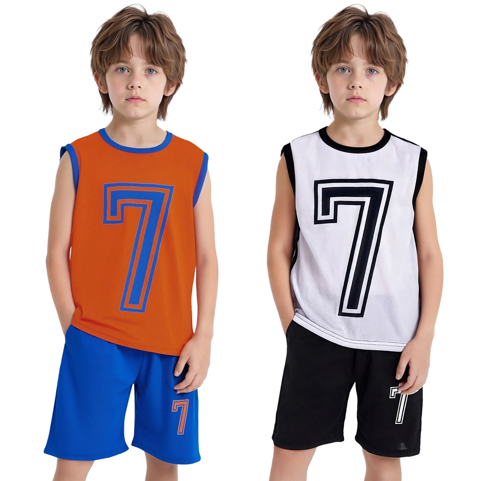 키즈 남아 통기성 속건 농구 축구 훈련 경기복 민소매 스타일리쉬 프린트 탱크탑 반바지 세트