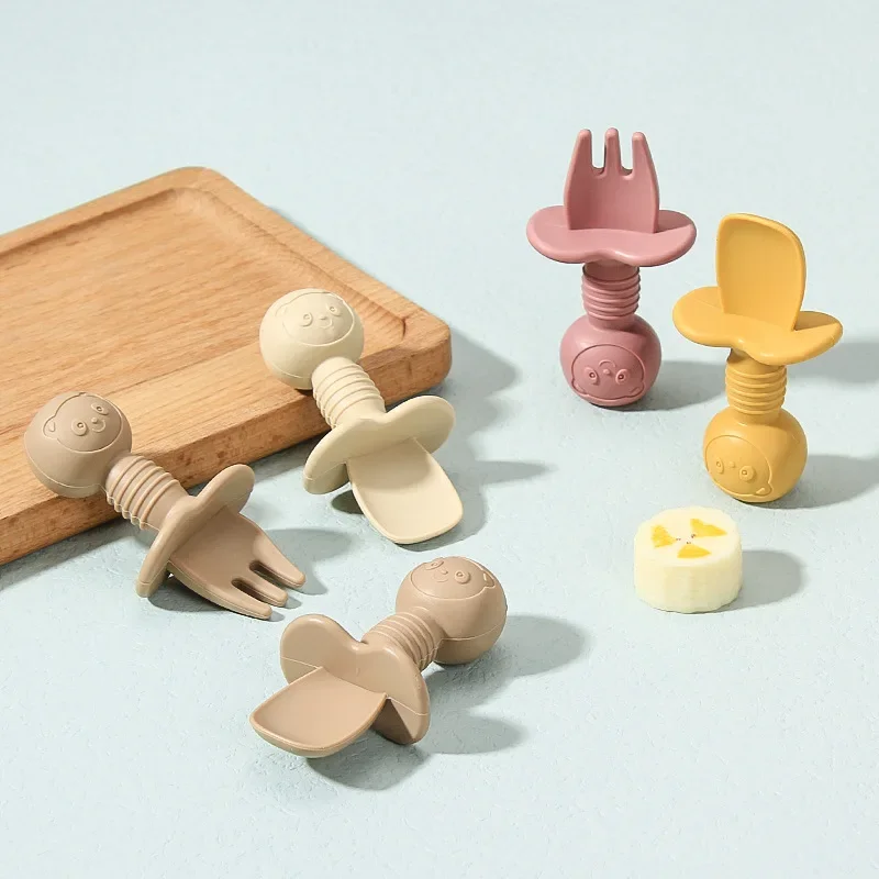 

Детская Ложка силиконовая и вилка с короткой ручкой детские столовые приборы мультяшная лижущая ложка кормление детское питание