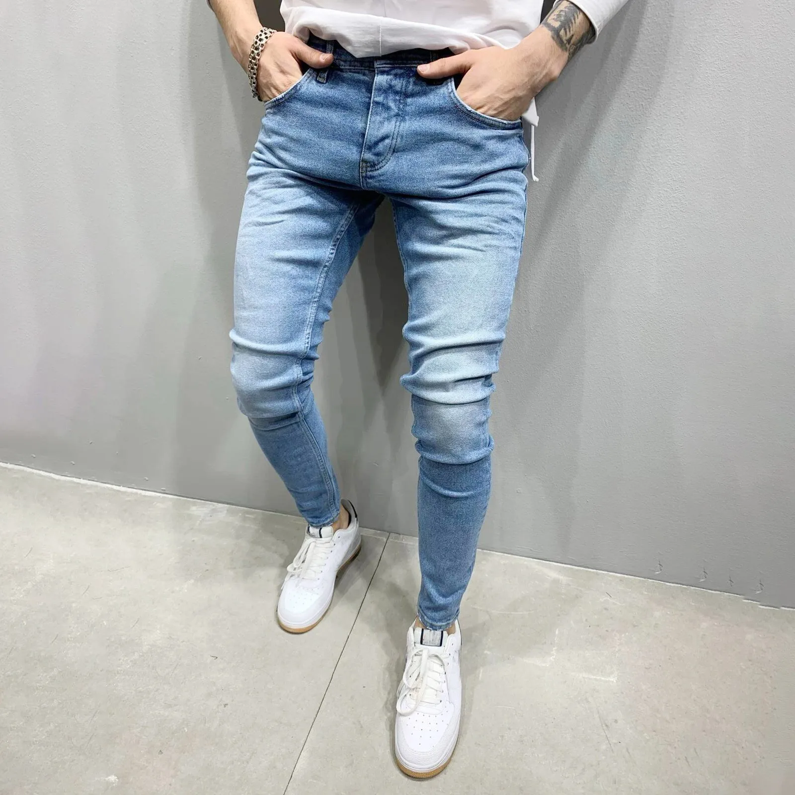 

Mens Casual Stretch Slim Fit Tight-Fitting Small Foot Jeans Fashion Solid Color Jeans Korean Style Fashion Summer Pantalones