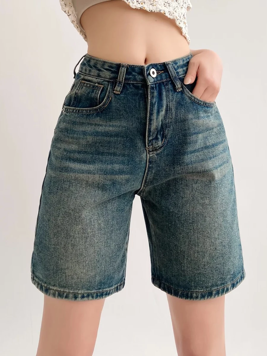 

Fashion Washed Denim Women Short Jeans Autumn High Waist Pockets Zipper Half Ladies Pants Streetwear Vintage Female Shorts 2023