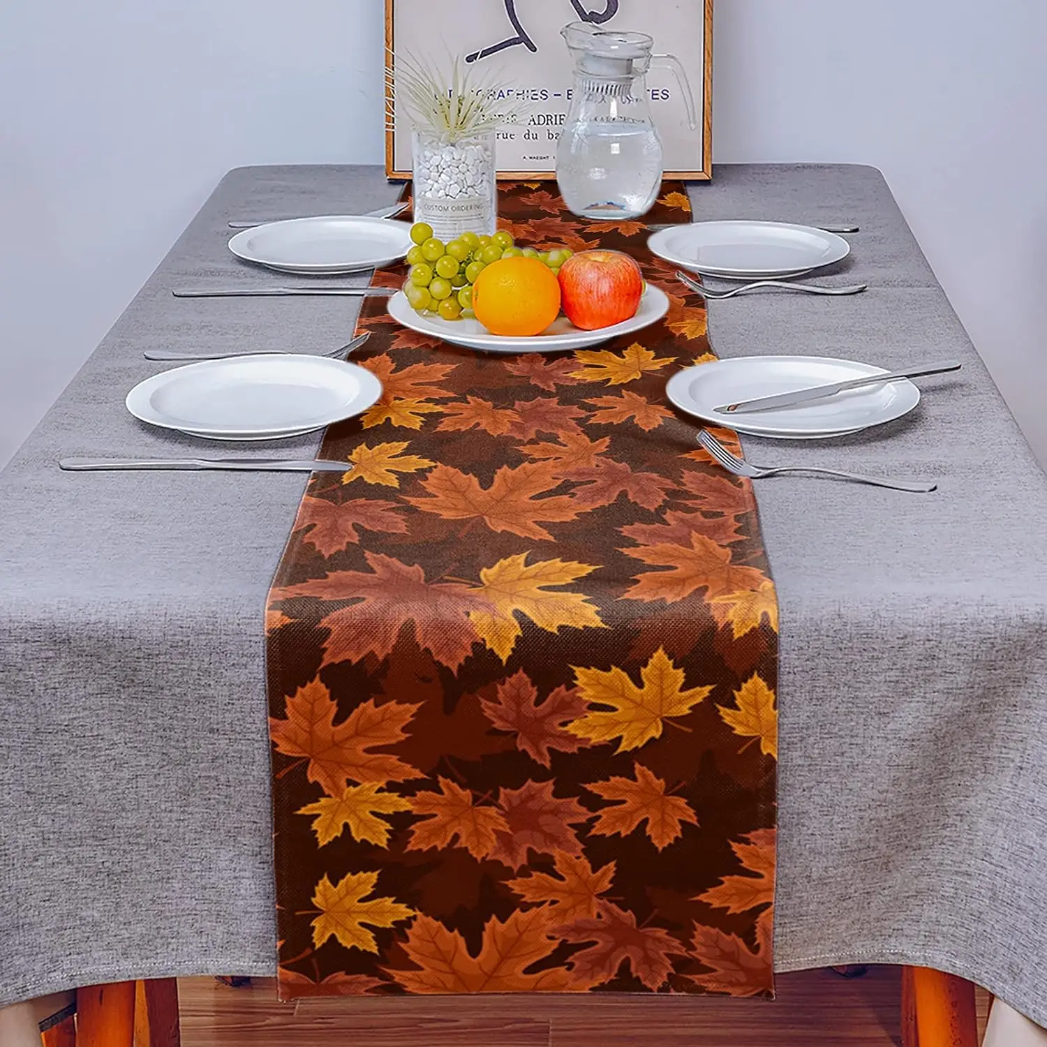 Fall Thanksgiving Maple Leaf Linen Table Runner Dresser Scarves Farmhouse Kitchen Dining Table Runners Wedding Party Decorations 3