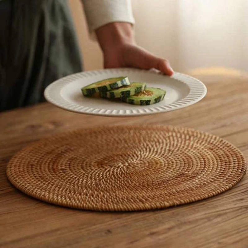 2 Pcs Handmade Round Natural Rattan Placemat Farmhouse Round Wicker Placemats For Dining Table,Wedding,Parties,BBQ's,Etc