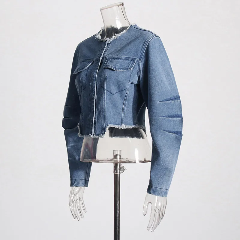 BPN Casual Patchwork Rawhem Jackets For Women Round Neck Long Sleeve Minimalist Solid Denim Shorts Coats Female Fashion Clothing