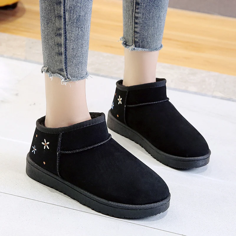 Shoes for Women 2023 Hot Sale Winter Plush Warm Slip on Mid-Calf Women's Boots Solid Color Round Toe Flock Low-heeled Snow Boots