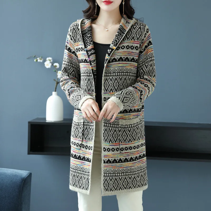 

Mid-Length Loose Retro Sweater Women's Spring and Autumn Stripes Knitted Cardigan Coat Women's Hooded