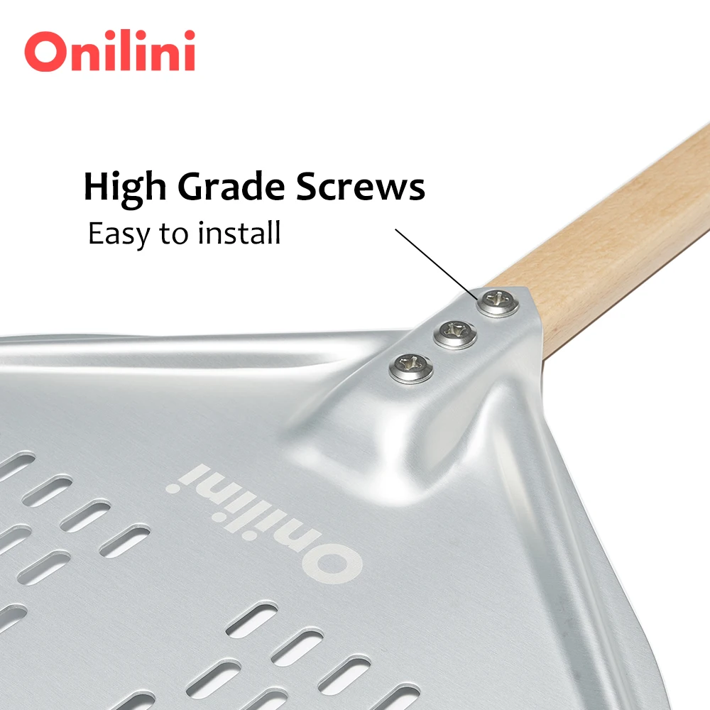 Onilini 12/13/14 inch Pizza Peel Perforated Pizzas Shovel Retangular Anodized Pizza Paddle with Wood Handle Accessories