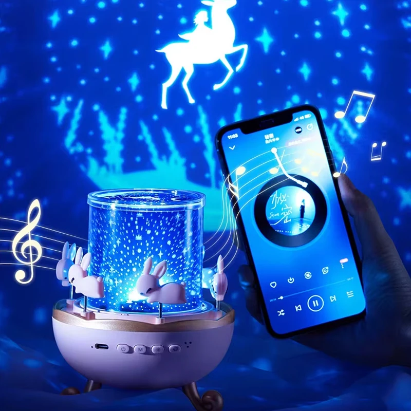 Starry Sky Projection Night Light Carousel Horse Remote Control Blue_tooth Audio Speaker Christmas Birthday Gifts Bedside Lamps