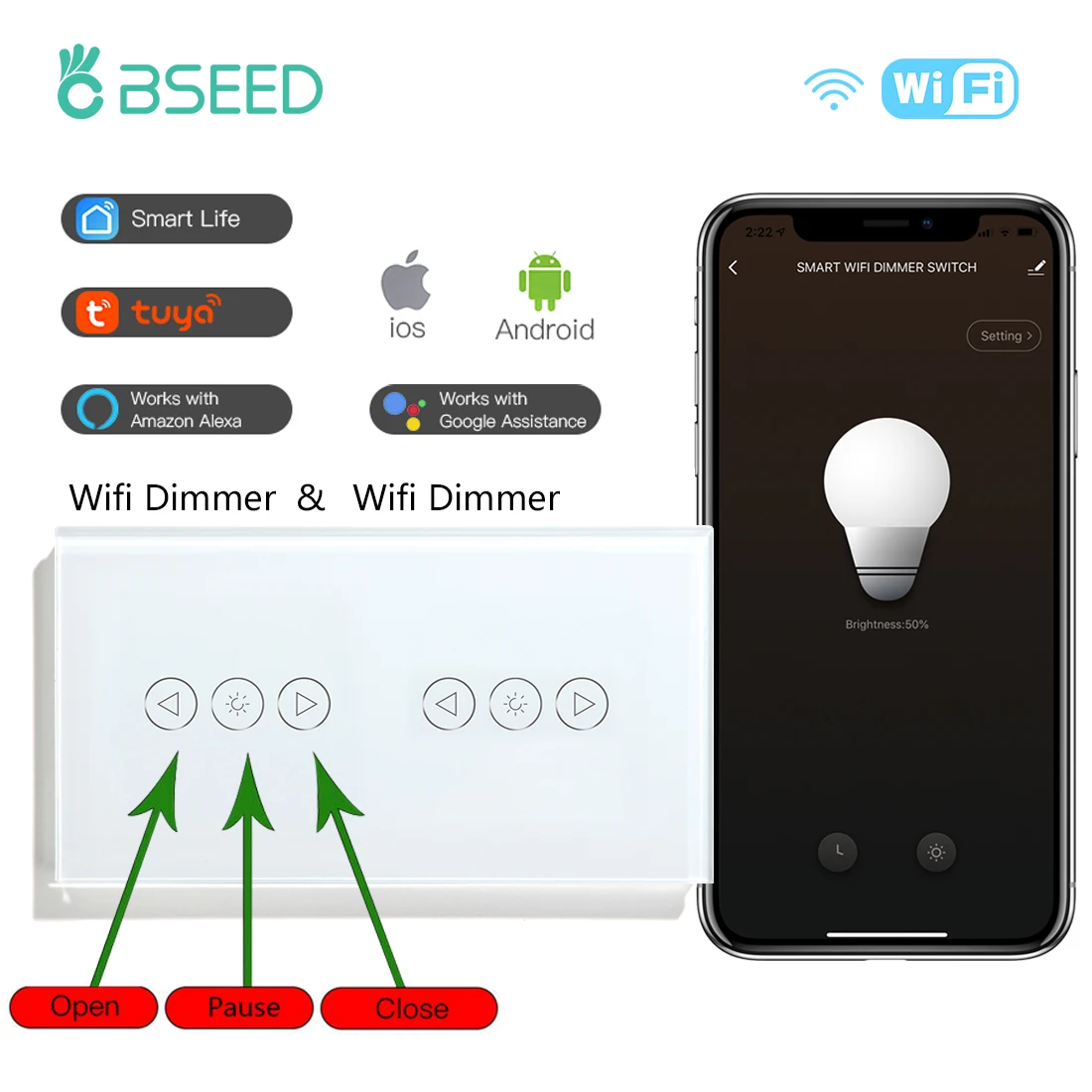 Bseed Wifi Dimmer Switch Double Touch Led Dimmer Smart Control Wall