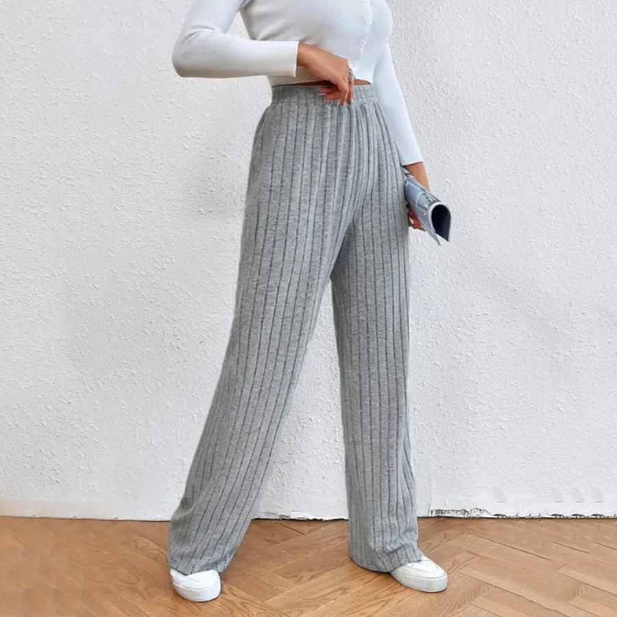 Autumn Winter Women Fashion Solid Color Versatile Wide Leg Pants High Waist Stretch Knitted Loose Stripe Flared Pants&Trousers