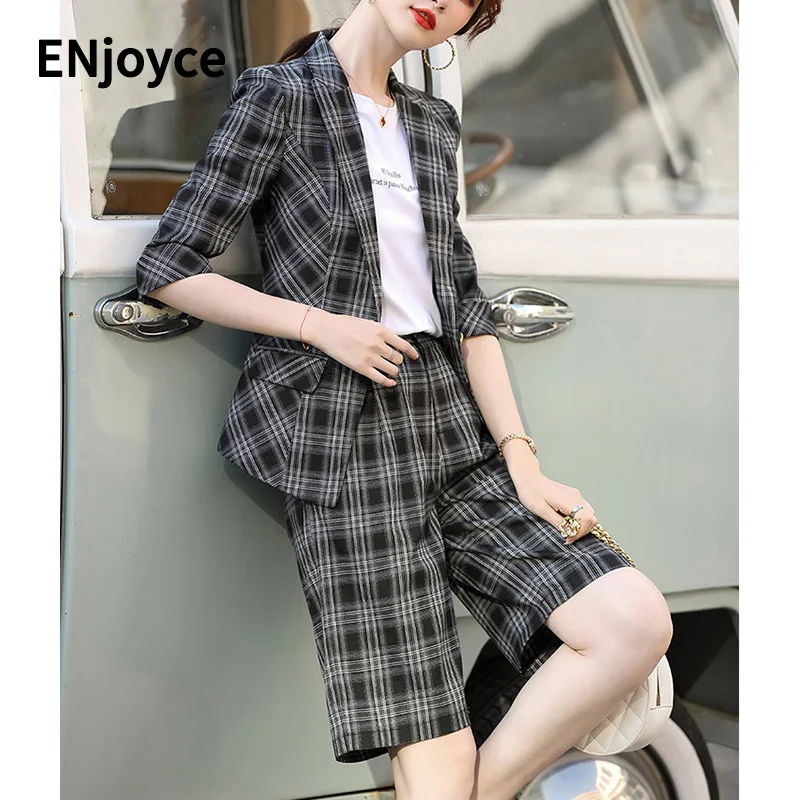 

Женский офисный костюм в клетку с коротким рукавом и шортами, комплект из двух предметов, профессиональный костюм из блейзера в клетку, весна-лето