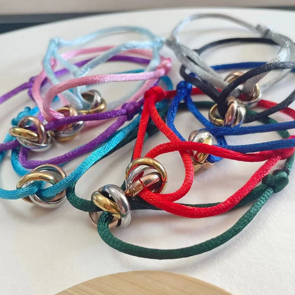 Handmade Adjustable Rope Bracelet with 3-color Stainless Steel - Main Image