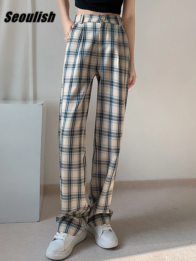 Seoulish Classic Plaid Wide Leg Women's Pants Spring Summer 2022 New High Waist Button Female Casual Loose Trouses Pockets capris women