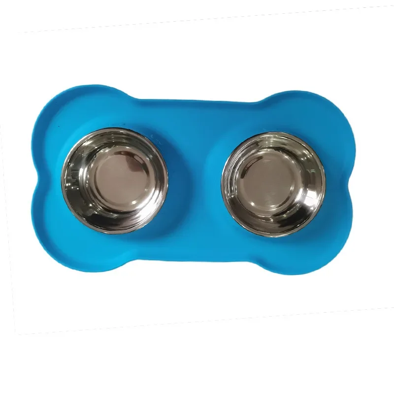 thumbnail image 1 of Alfombrilla de silicona con forma de hueso para mascotas, cuenco doble, resistente a las mordeduras, no deformable, comedero de agua y comida, cuenco de acero inoxidable, 1 of 5