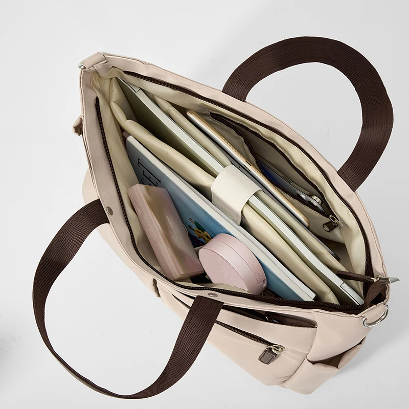 【Borsa per laptop】 Borsa per laptop casual da donna in nylon, valigetta per pendolarismo quotidiano, borsa a tracolla singola con doppia tasca principale leggera - immagine 3
