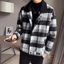 

Autumn and winter new plaid trench coat lamb fur collar plaid woolen coat