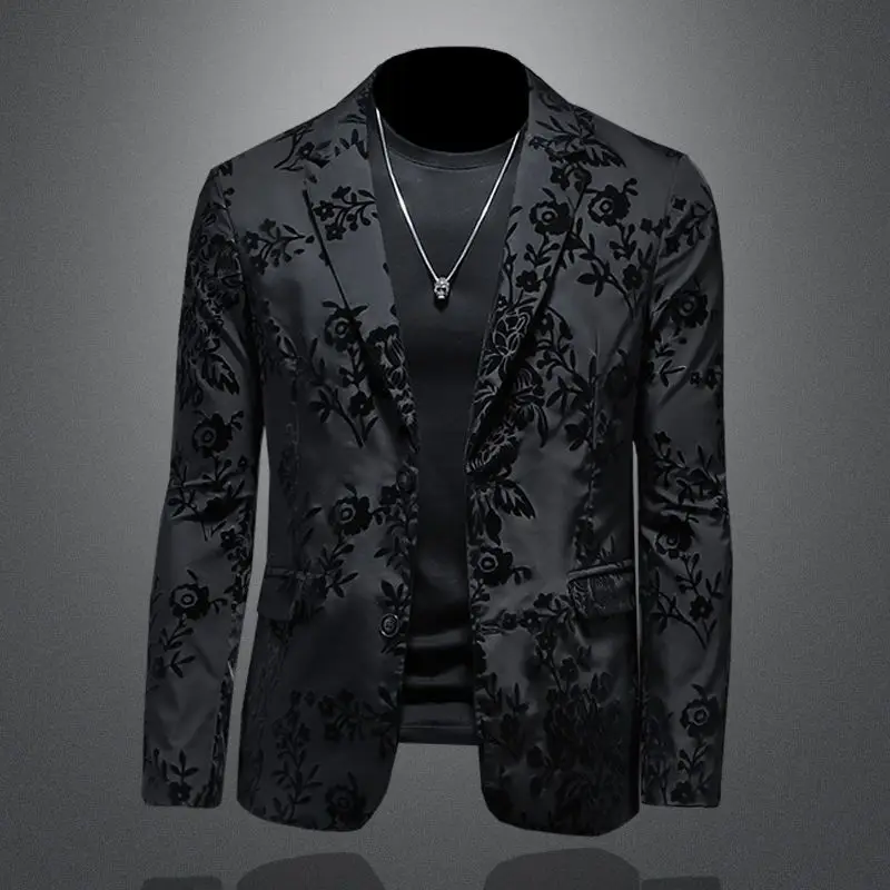 

2024 high-end suit design men's autumn jacquard fashion brand flocking plus-size casual small suit
