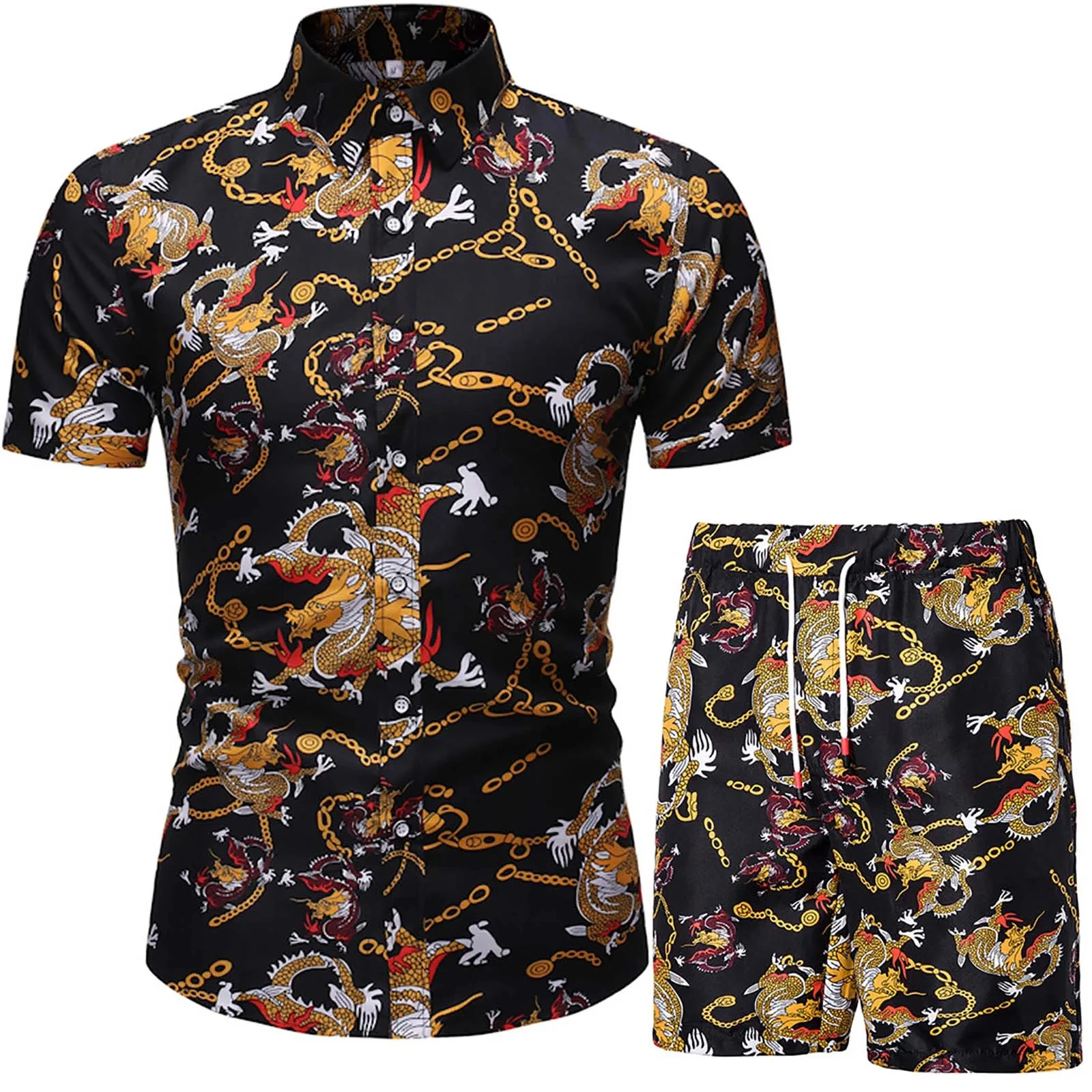 Floral Leaf Printed 2PCS Shirts Suits Men Fashion Shirts+Shorts 3D Two Piece Sets Hawaii Shirts Beach Shirt Sets Boy Beach Sets 3