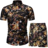 Floral Leaf Printed 2PCS Shirts Suits Men Fashion Shirts+Shorts 3D Two Piece Sets Hawaii Shirts Beach Shirt Sets Boy Beach Sets 3
