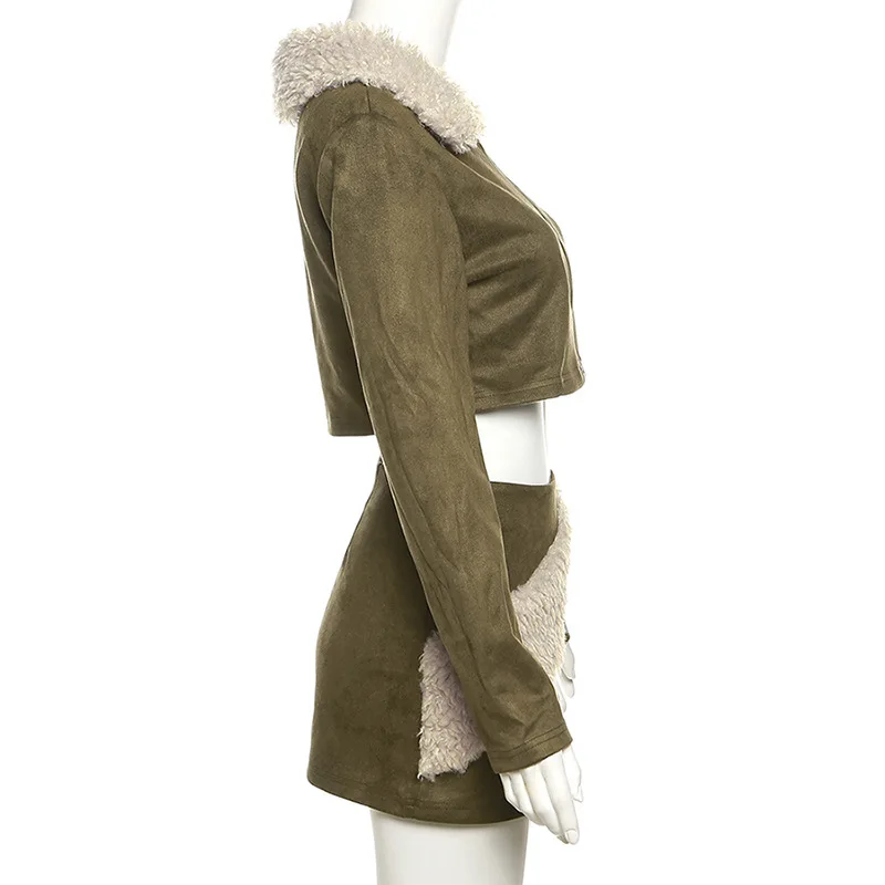 Street Y2k Two Piece Dress Women Fur Crop Top Jacket Party Wrap New In Dress 2023 Autumn Winter Female 2 Piece Skirt Set