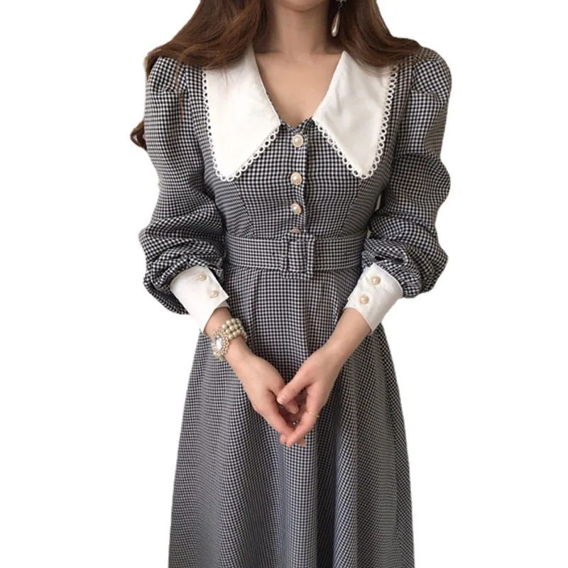 

Women Plaid Dress 2023 New French Elegant Temperament Lapel Lace Check Chic Single-Breasted Waist Puff Long Sleeve Vestidos
