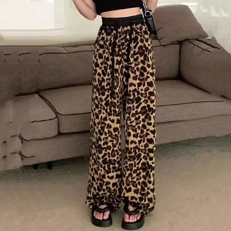 Women Clothes Summer Korean Fashion Leopard Print Harajuku Straight Wide Leg Pants Female Casual Loose Pockets Trousers Pantalon