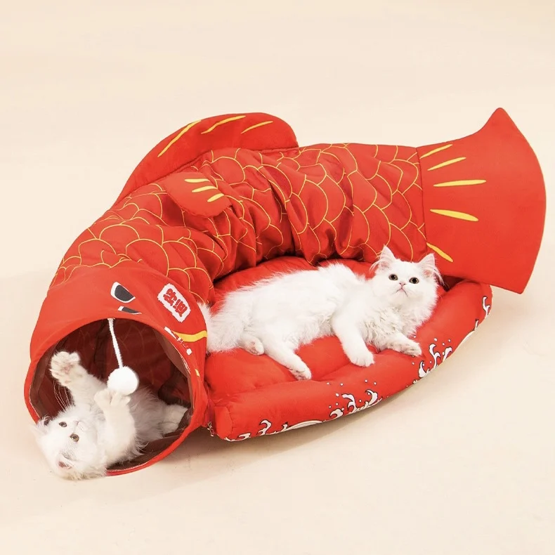 

Lucky Koi Fish Cat Tunnel Sleeping Pad Kitten Mat Nest Foldable Puppy Play Crawl Tube House Washable Small Dog Pet Aisle Toy