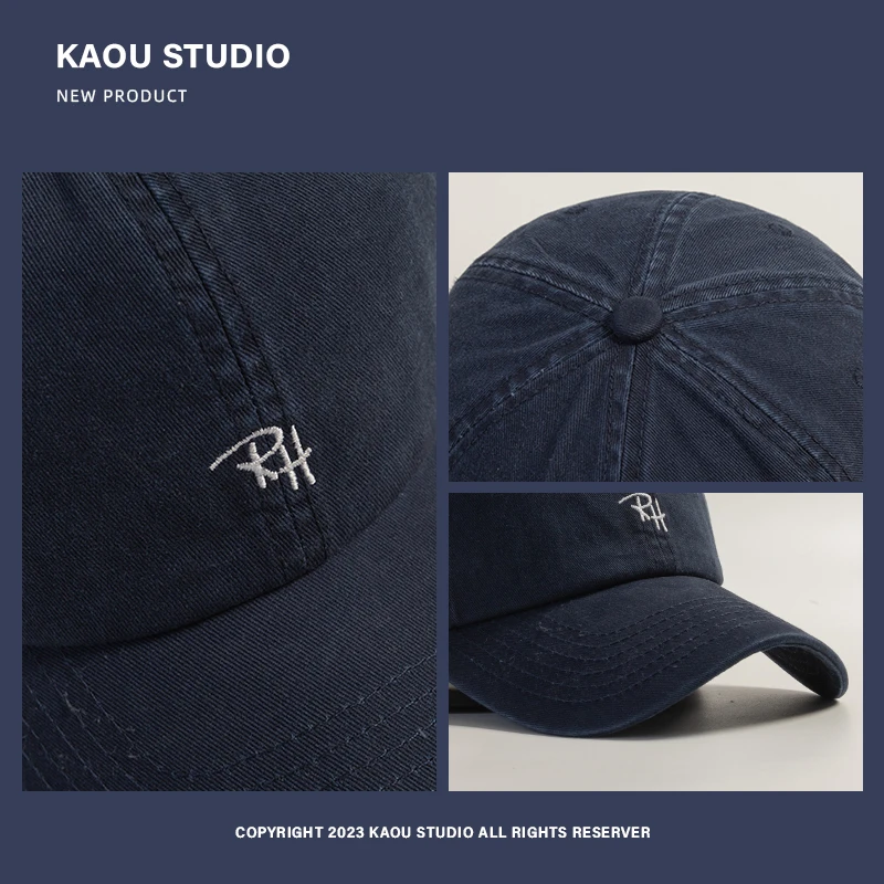 Embroidered Hat Women's Face-Looking Little Korean Style Versatile Soft Peaked Cap Retro Navy Blue Trendy Men's Baseball Cap 5