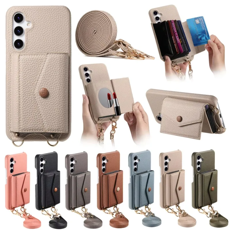 Premium PU Leather Crossbody Wallet Case with Card Holder and Mirror - Shockproof Cover