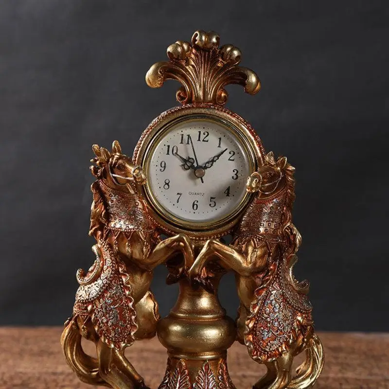 1pc Vintage Dual Horse Clock Adornment European Style Clock Desktop Clock Decoration Home Clock Ornament