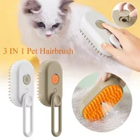 Brosse à cheveux 3 en 1 pour animaux de compagnie, présentant un peigne pour chat et des soins confortables pour animaux. Deux brosses de couleurs différentes sont montrées, avec un chat blanc et gris en arrière-plan. Des images en gros plan montrent l'utilisation du peigne sur un animal.