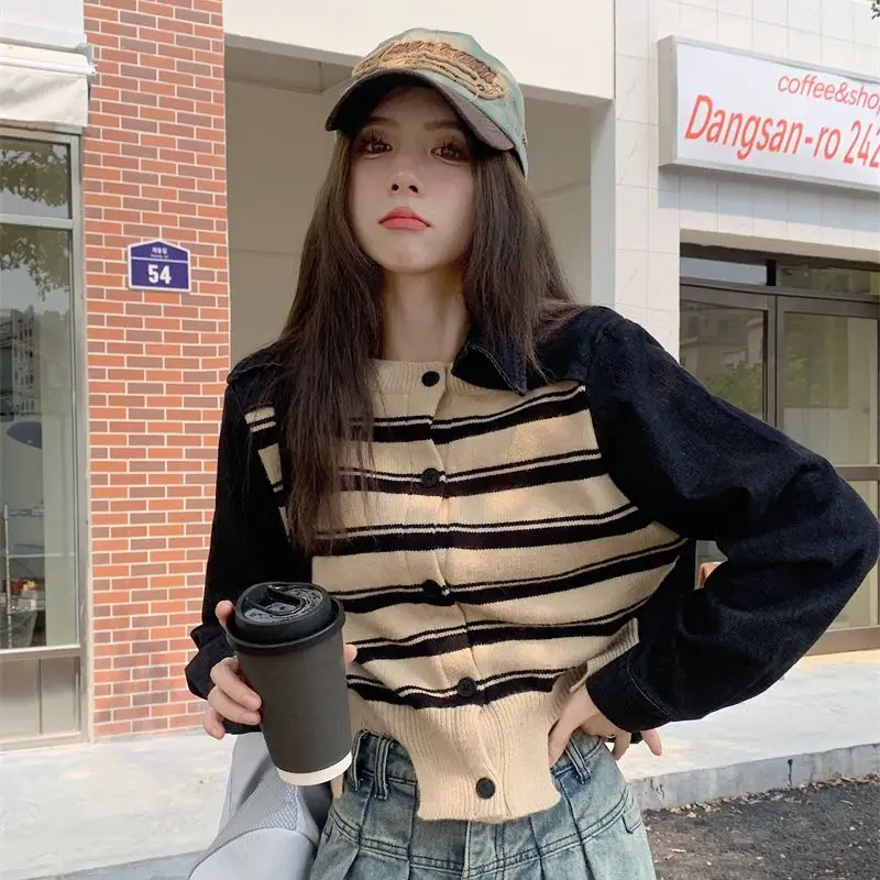 

2022 Denim Jacket For Women Fashionable New Striped Knitted Panel Free Shipping