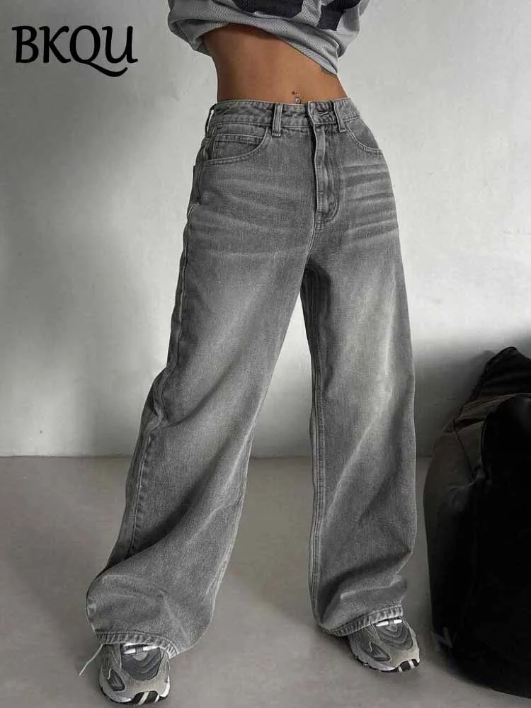 BKQU Gray Vintage Baggy Jeans Woman Streetwear High Waist Y2K Wide Leg Denim Pants Loose Female Hip Hop American Trousers 2000s 5