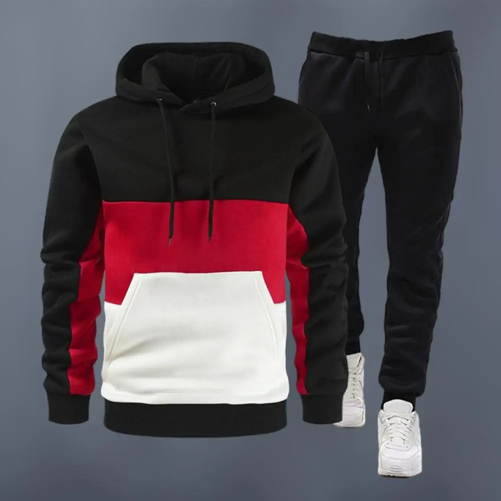 

Male Hooded Sweatshirt Men's Contrast Color Hoodie Pants Set for Spring Fall Casual Sportswear Kit with Drawstring Sweatshirt