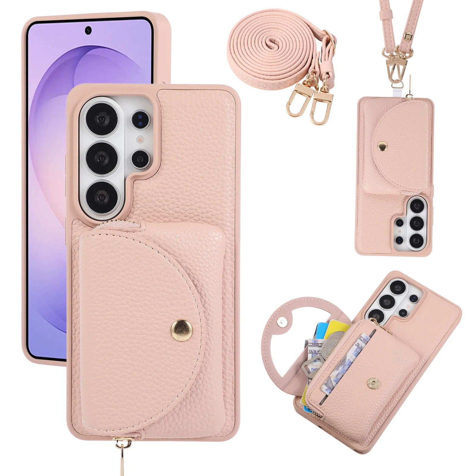 Litchi PU Leather Crossbody Phone Case with Card Holder Wallet