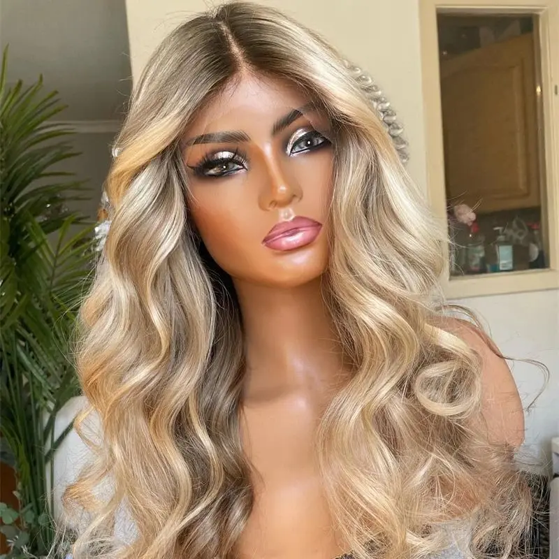 New Loose Wave Lady Women Lace Frontal Wigs Golden Blonde Rooted Wig Soft Synthetic Hair Swiss Lace Wig Glueless Easy to Wear