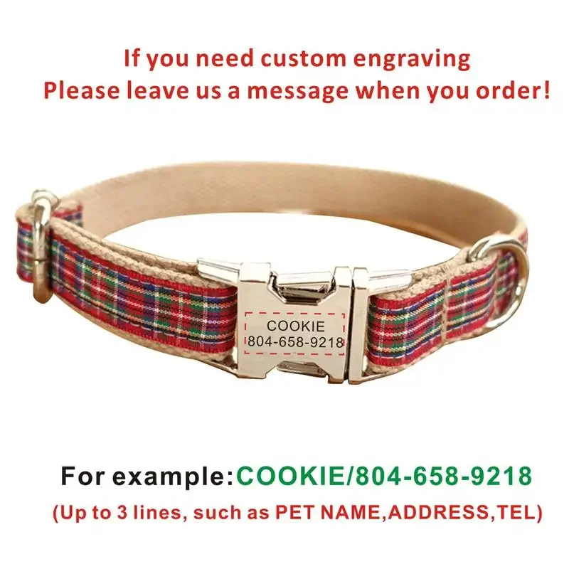 Dog Collar Personalized Pet Collar Scottish Plaid Puppy Cat Name ID Tag Adjustable Collars Lead Leash Free Engraving