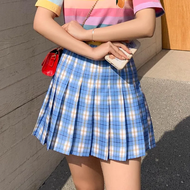 

Plaid Pleated Mini Skirt for Women Girl Sexy Y2k Summer A-Line High Waistt Korean Style Basic Versatile Casual Skirt Blue Yellow
